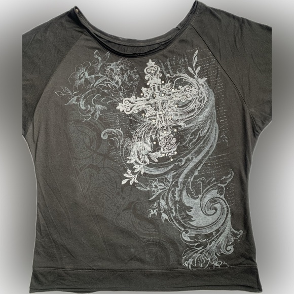 STRANDED wide neck goth 3/4 sleeve black T shirt, polyester & rayon XL - Picture 1 of 10